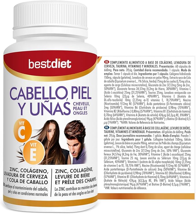 Vitaminas Cabello, Piel y Uñas con Colágeno Marino Hidrolizado, Acido Fólico, Biotina Cabello, Levadura de Cerveza y Vitamina B6, A, C y E y Zinc, para Mujer y Hombre,x 60 cápsulas