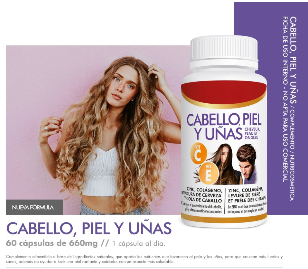 Vitaminas Cabello, Piel y Uñas con Colágeno Marino Hidrolizado, Acido Fólico, Biotina Cabello, Levadura de Cerveza y Vitamina B6, A, C y E y Zinc, para Mujer y Hombre,x 60 cápsulas